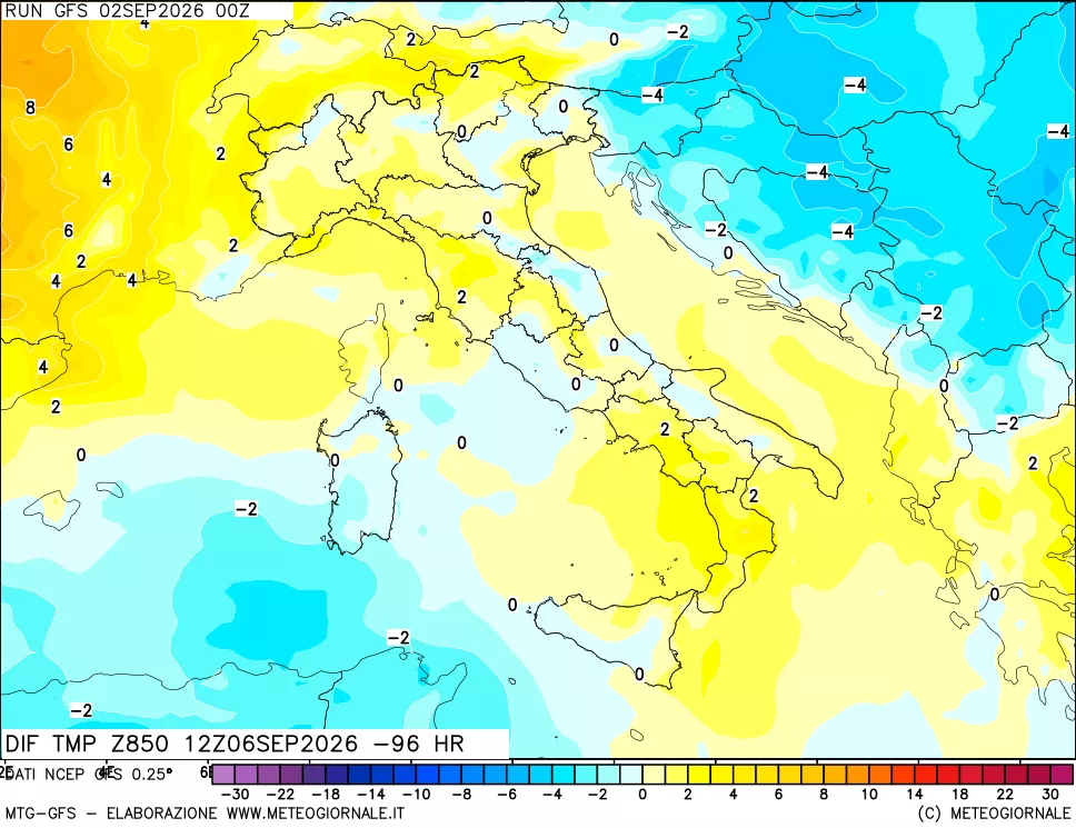 mappa Dif. Temp a 850 hPa Valid - Init