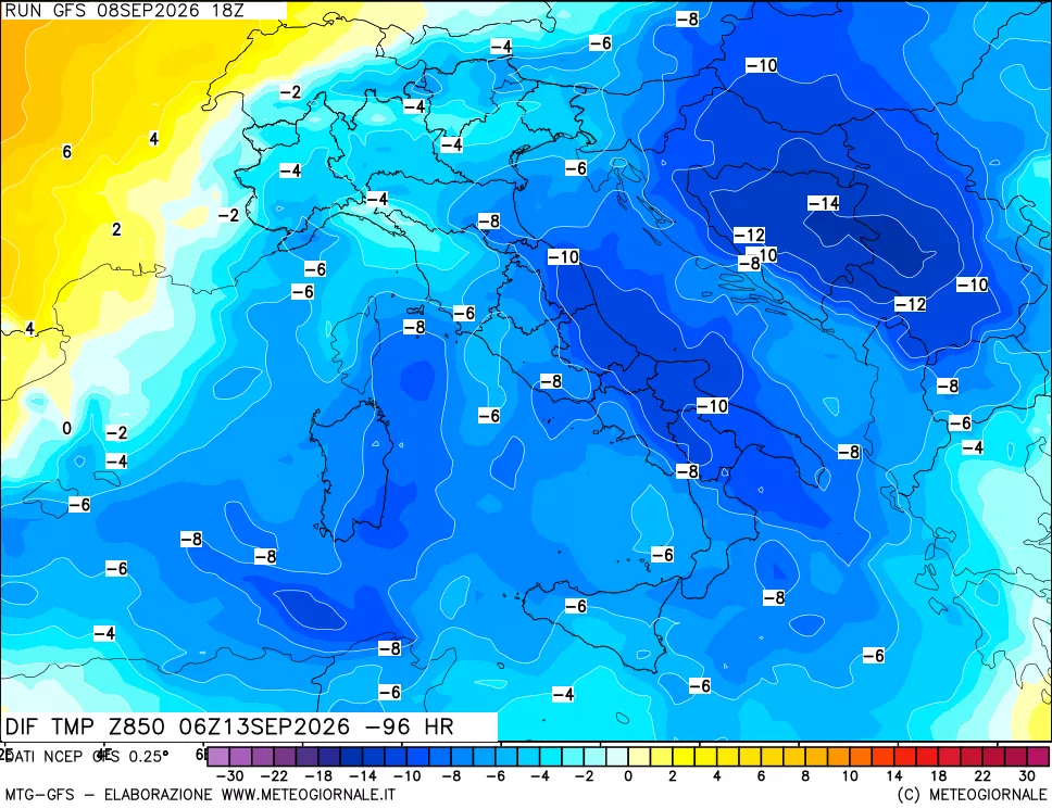 mappa Dif. Temp a 850 hPa Valid - Init
