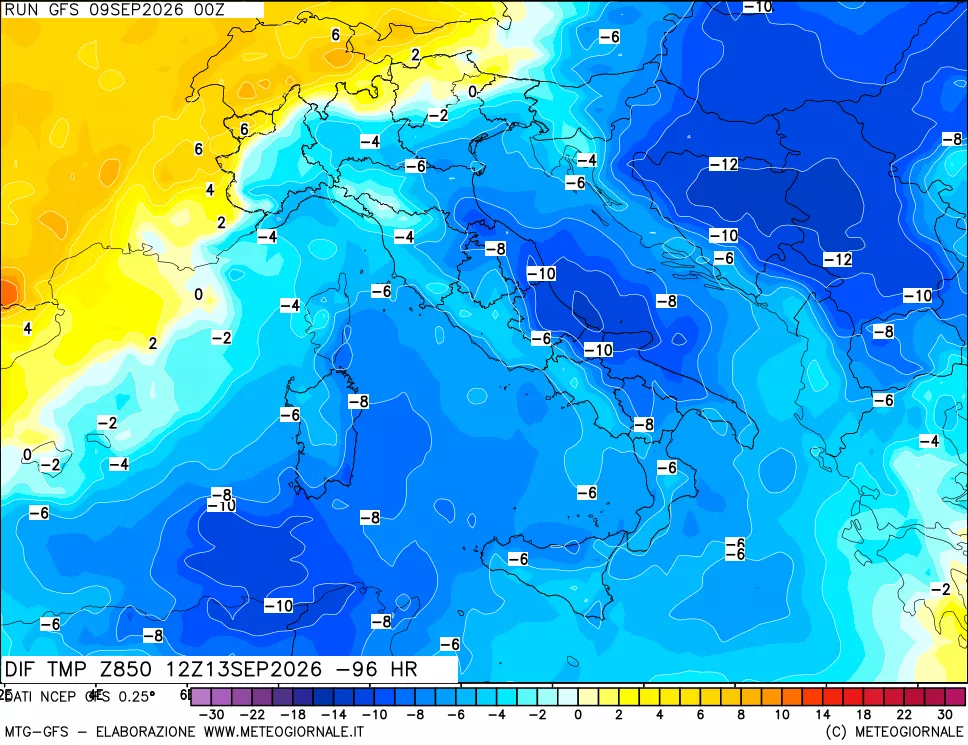 mappa Dif. Temp a 850 hPa Valid - Init
