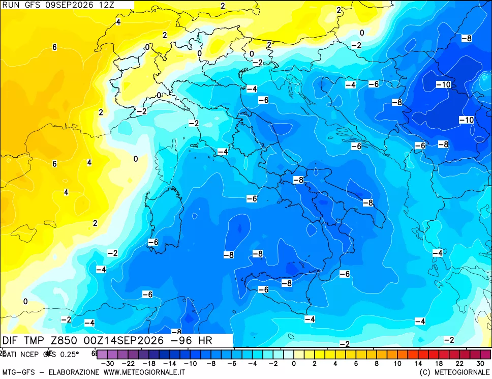 mappa Dif. Temp a 850 hPa Valid - Init