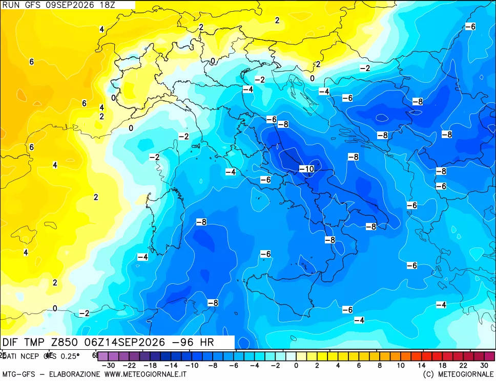 mappa Dif. Temp a 850 hPa Valid - Init