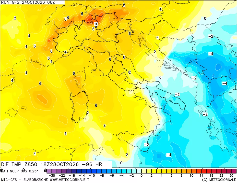 mappa Dif. Temp a 850 hPa Valid - Init