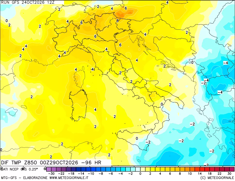 mappa Dif. Temp a 850 hPa Valid - Init
