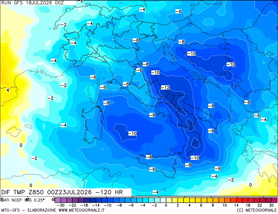 mappa Dif. Temp a 850 hPa Valid - Init