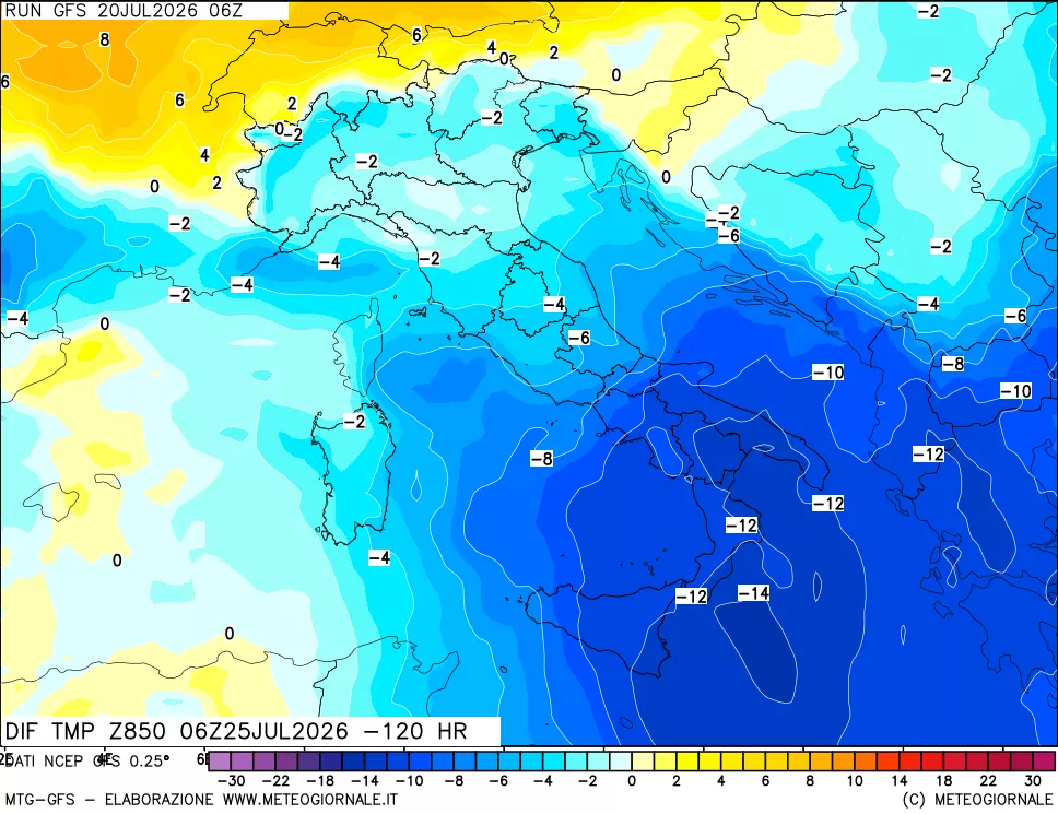 mappa Dif. Temp a 850 hPa Valid - Init