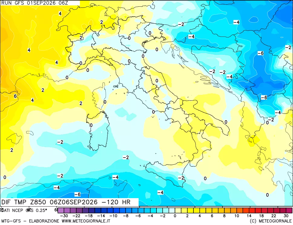 mappa Dif. Temp a 850 hPa Valid - Init
