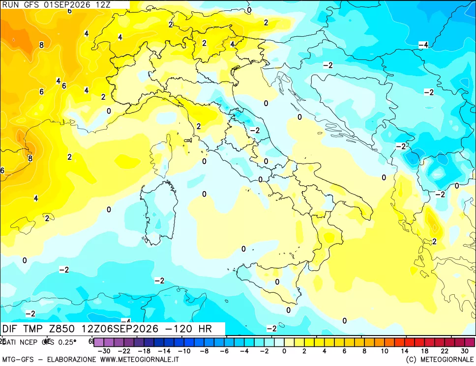 mappa Dif. Temp a 850 hPa Valid - Init