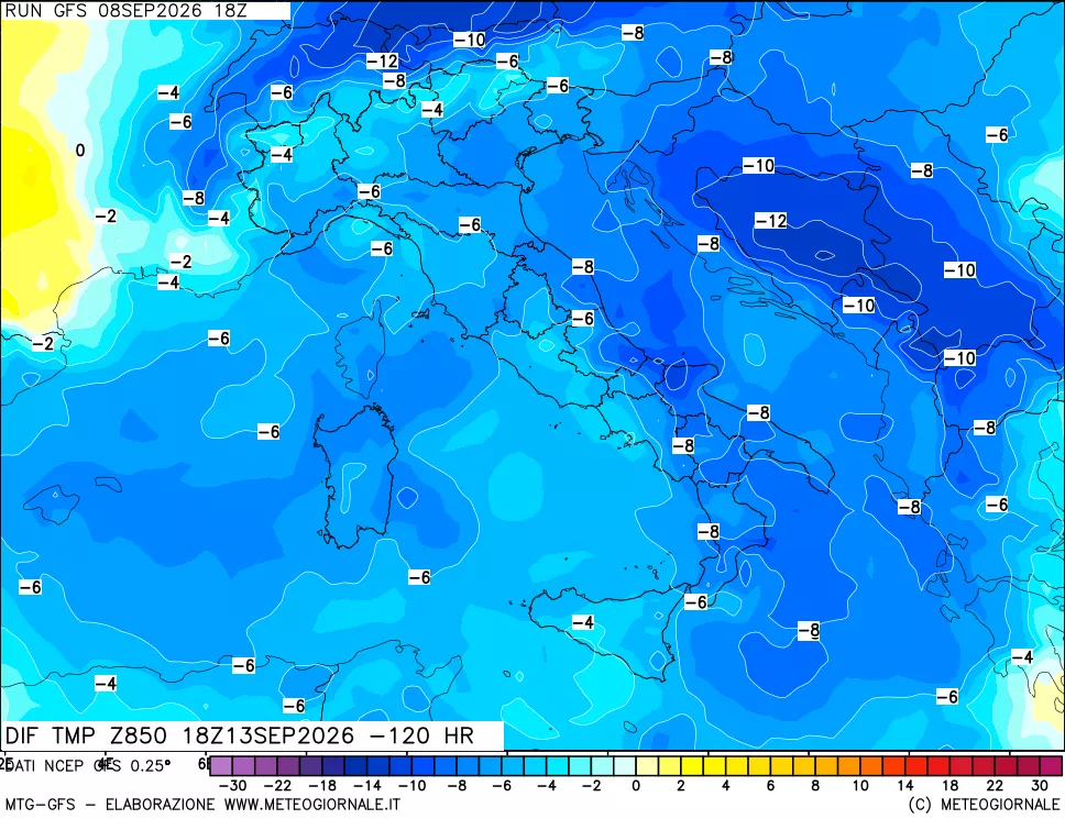mappa Dif. Temp a 850 hPa Valid - Init