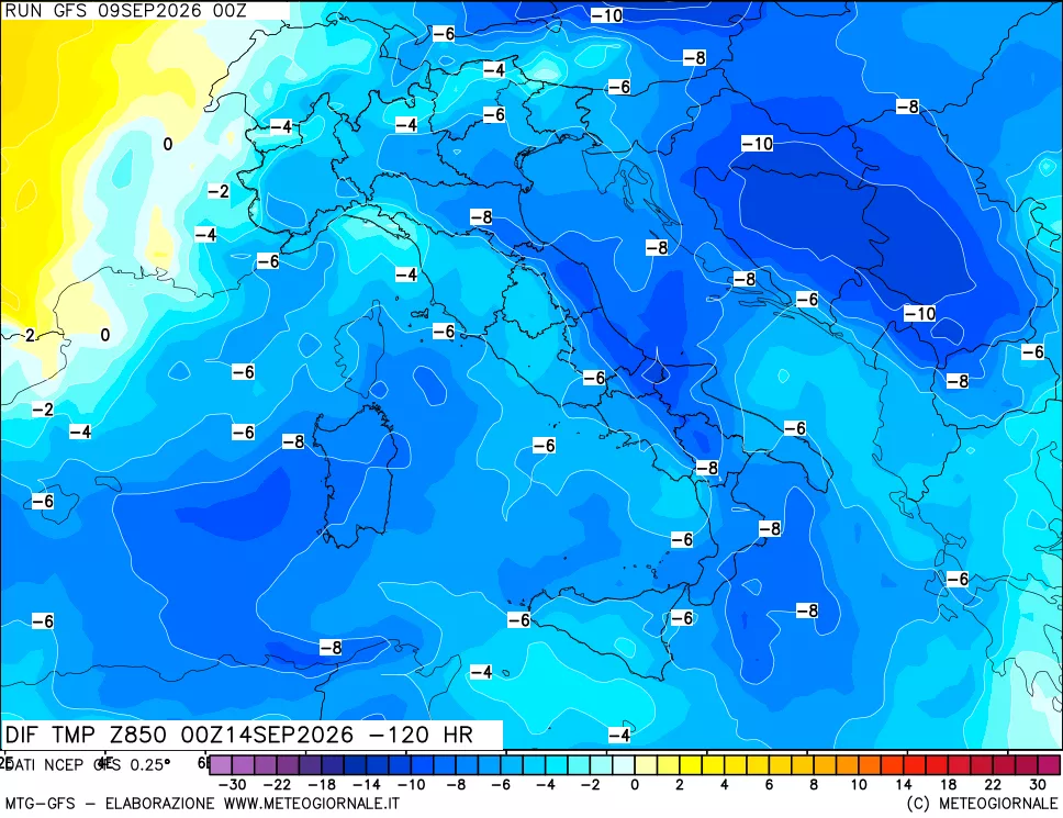 mappa Dif. Temp a 850 hPa Valid - Init