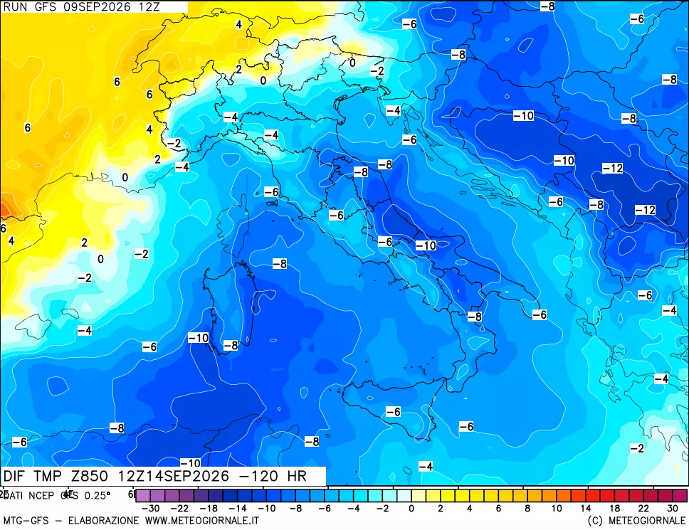 mappa Dif. Temp a 850 hPa Valid - Init