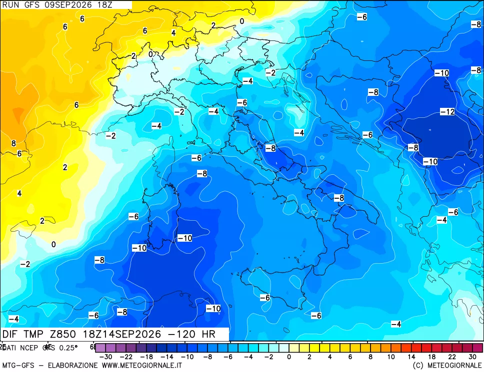 mappa Dif. Temp a 850 hPa Valid - Init
