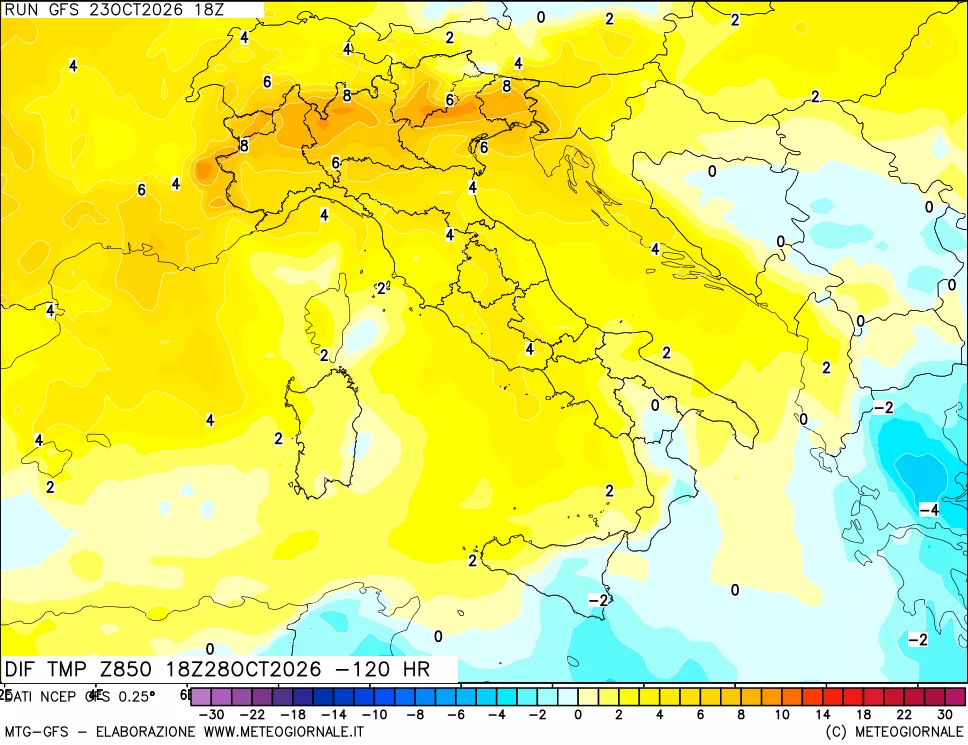 mappa Dif. Temp a 850 hPa Valid - Init