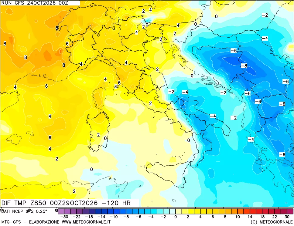 mappa Dif. Temp a 850 hPa Valid - Init