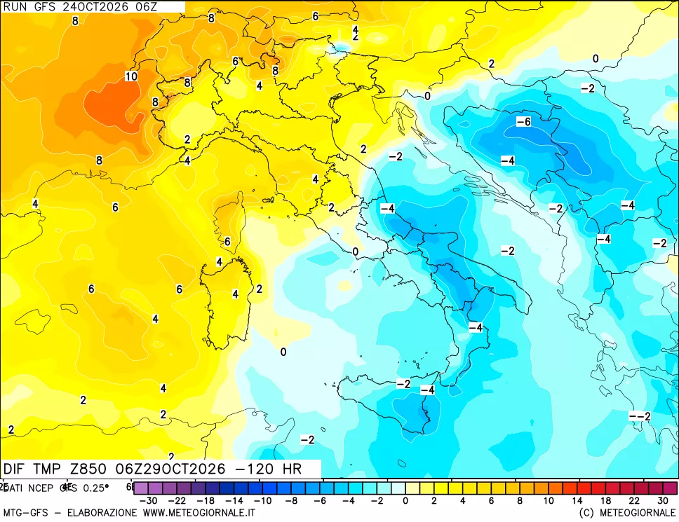 mappa Dif. Temp a 850 hPa Valid - Init
