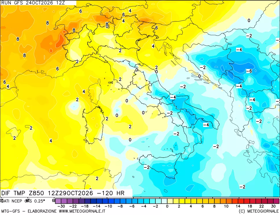 mappa Dif. Temp a 850 hPa Valid - Init