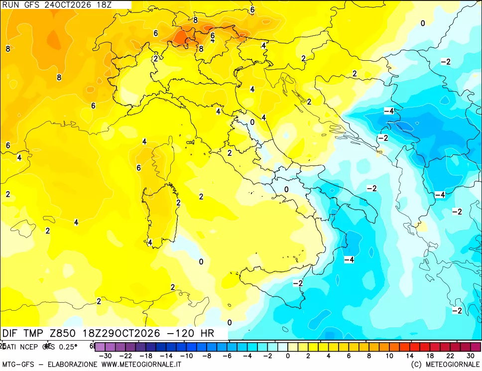 mappa Dif. Temp a 850 hPa Valid - Init