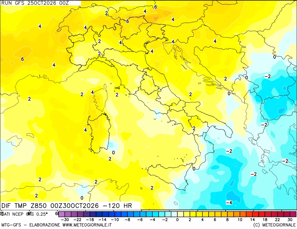 mappa Dif. Temp a 850 hPa Valid - Init