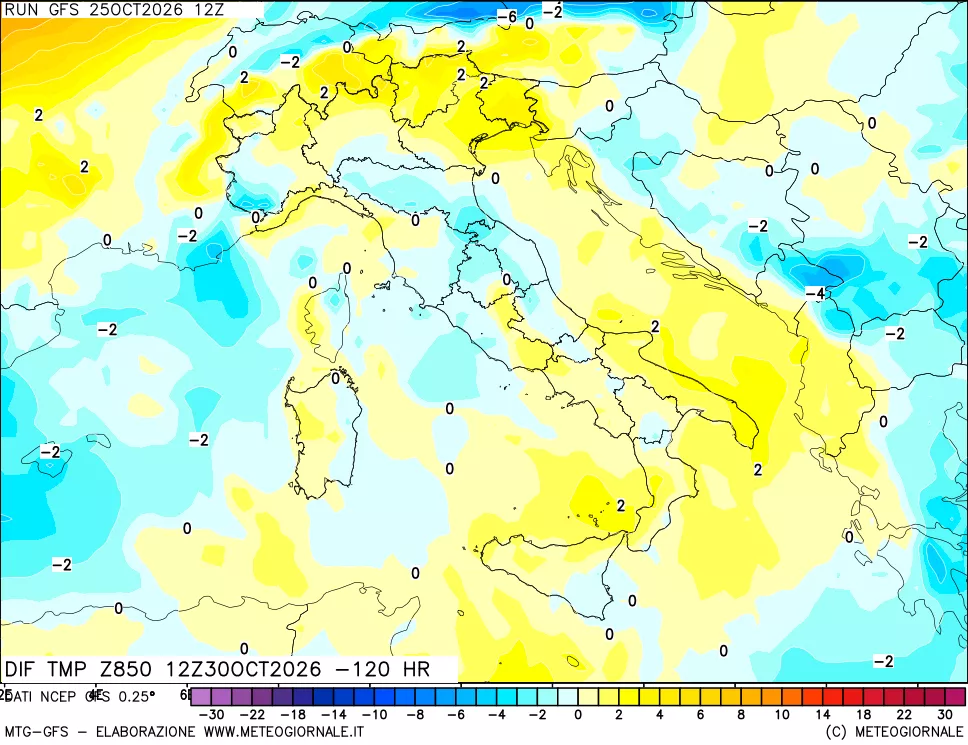 mappa Dif. Temp a 850 hPa Valid - Init