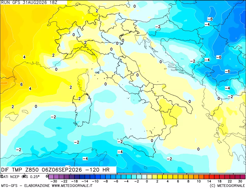 mappa Dif. Temp a 850 hPa Valid - Init