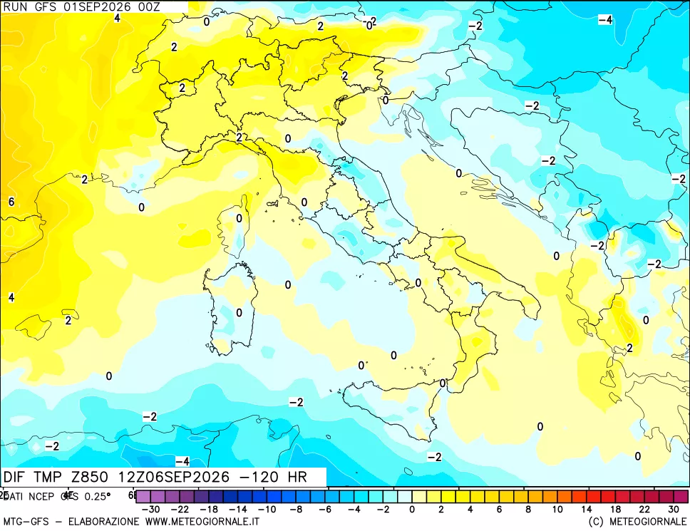 mappa Dif. Temp a 850 hPa Valid - Init