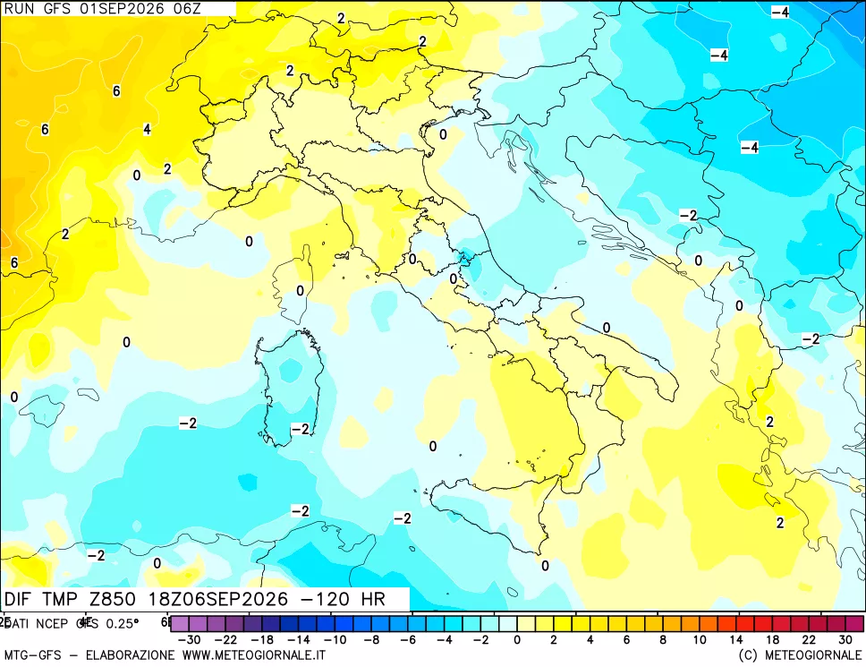 mappa Dif. Temp a 850 hPa Valid - Init