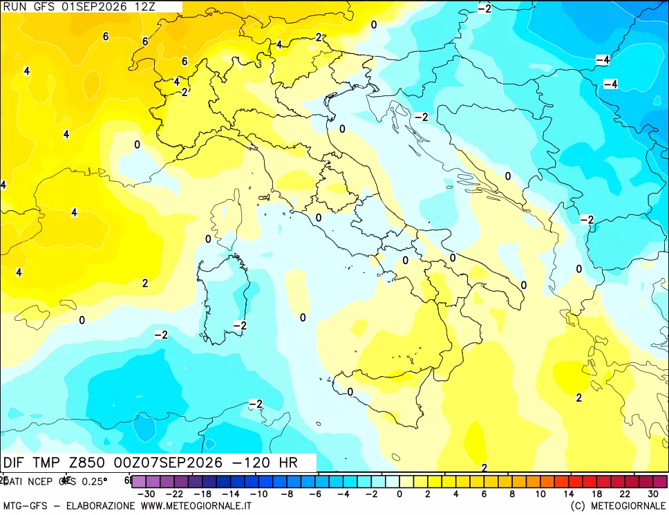 mappa Dif. Temp a 850 hPa Valid - Init