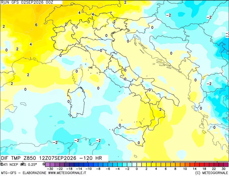 mappa Dif. Temp a 850 hPa Valid - Init