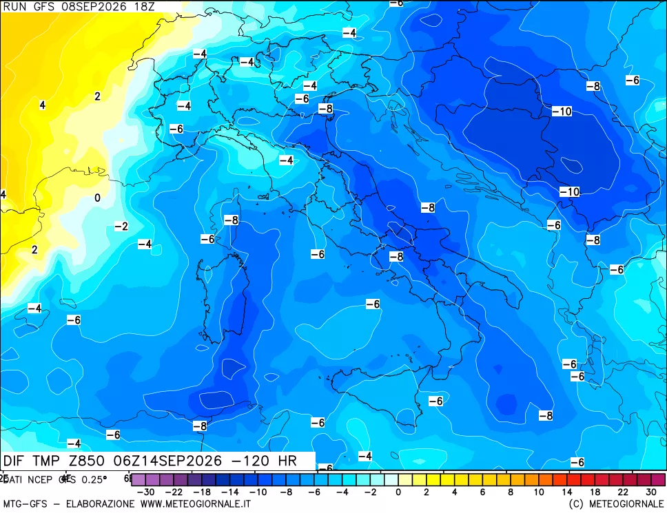 mappa Dif. Temp a 850 hPa Valid - Init