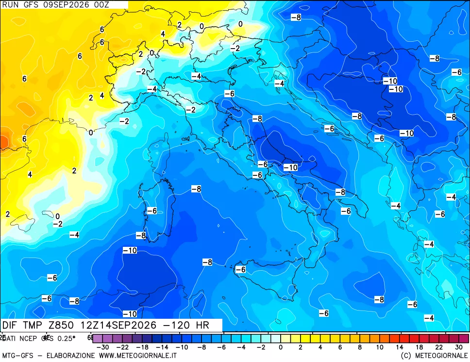 mappa Dif. Temp a 850 hPa Valid - Init