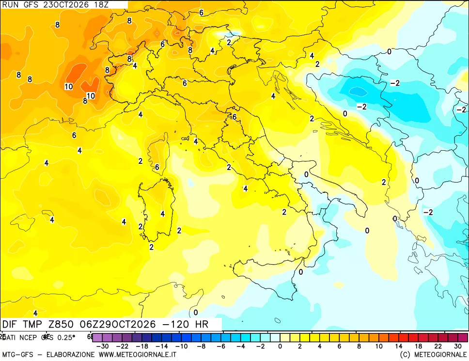 mappa Dif. Temp a 850 hPa Valid - Init