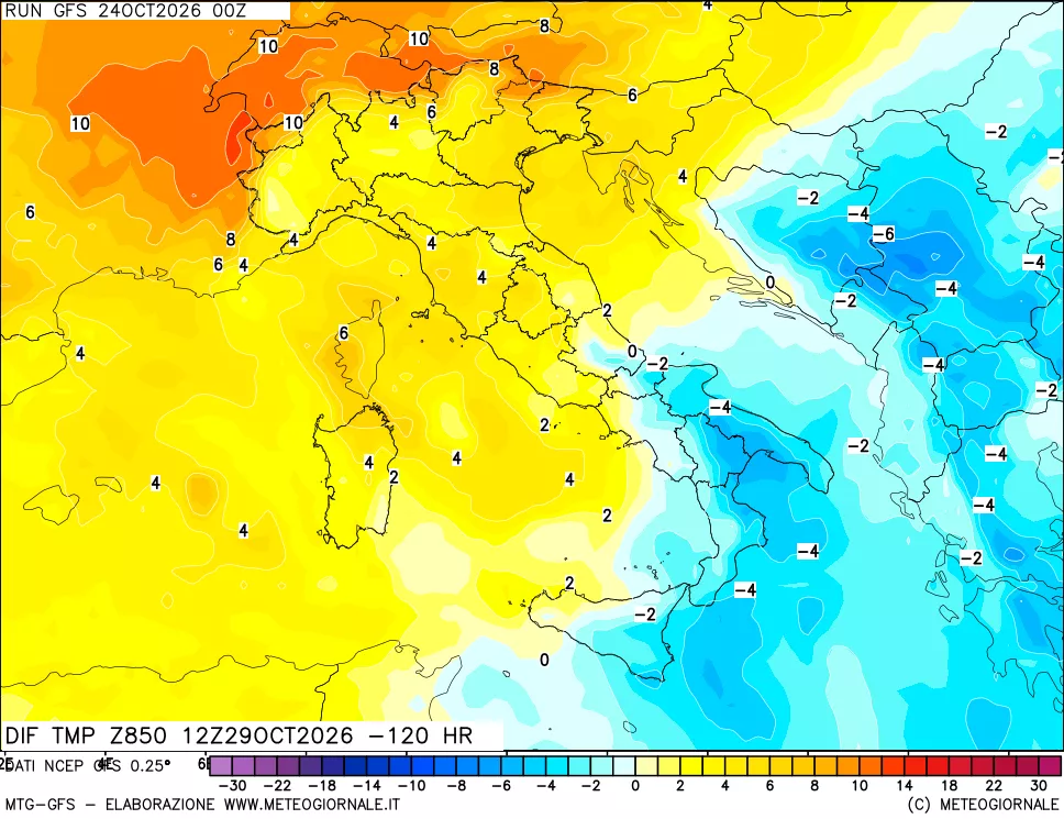 mappa Dif. Temp a 850 hPa Valid - Init