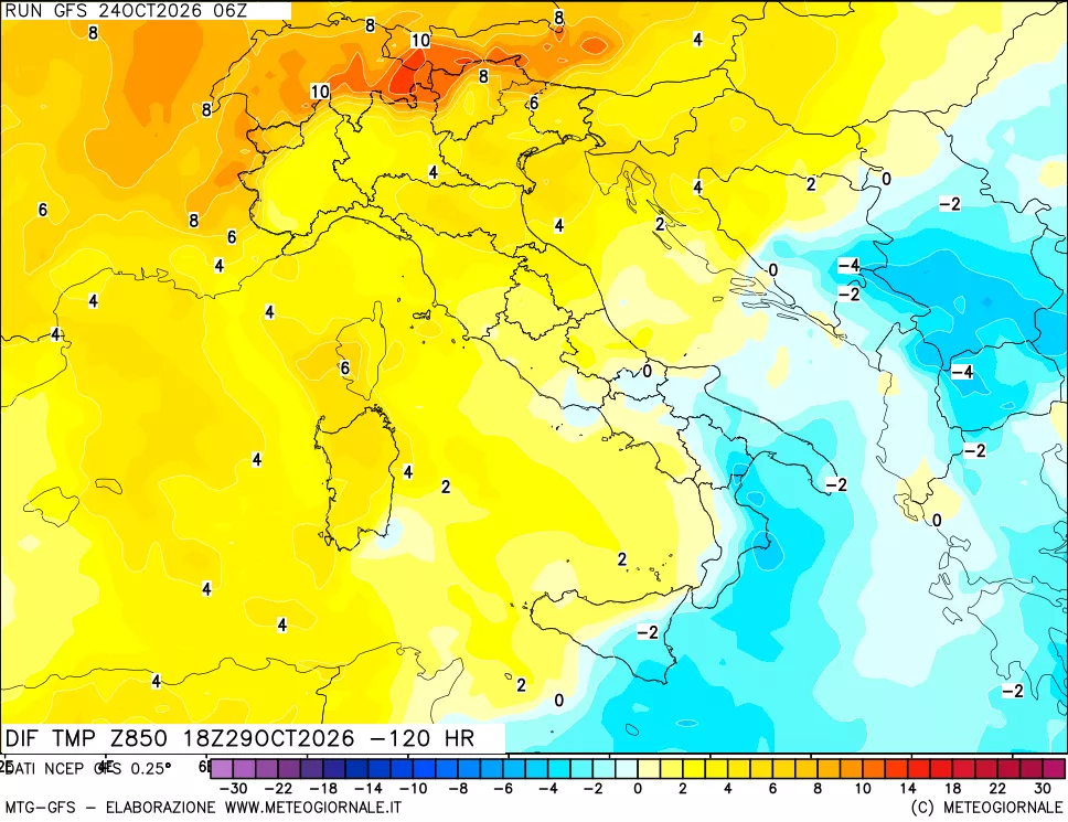 mappa Dif. Temp a 850 hPa Valid - Init
