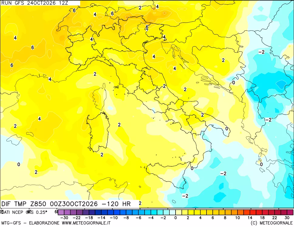 mappa Dif. Temp a 850 hPa Valid - Init