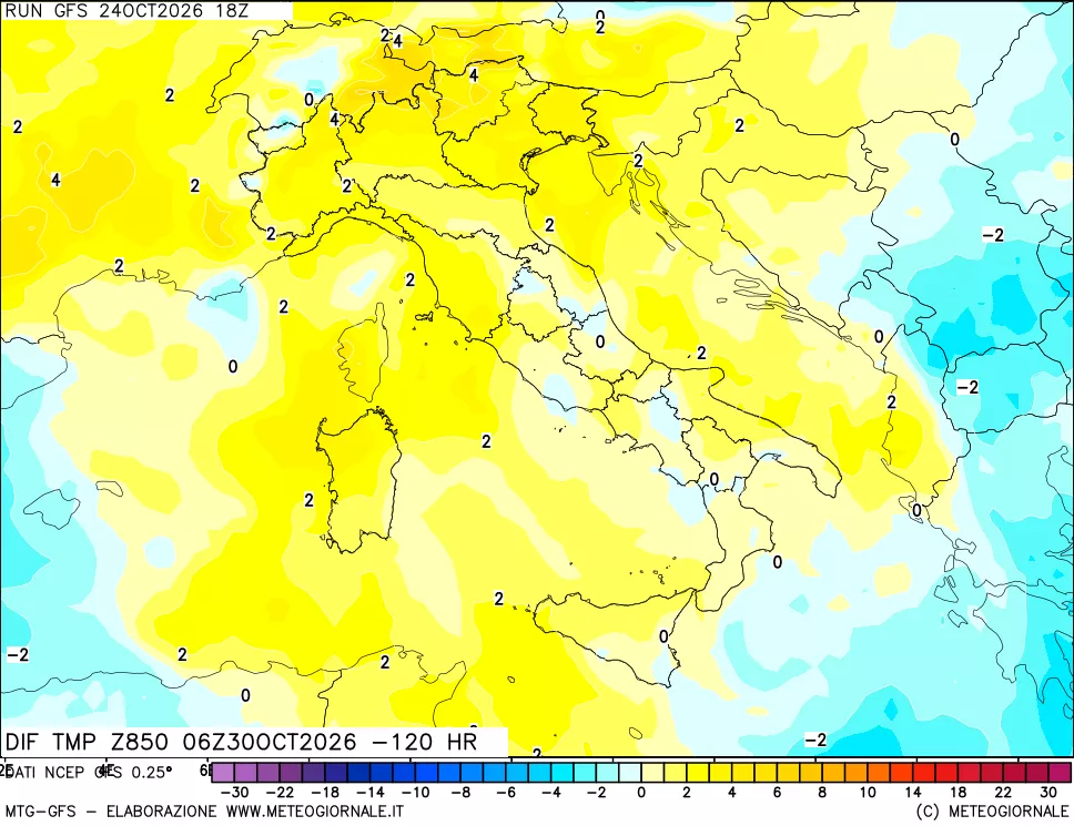 mappa Dif. Temp a 850 hPa Valid - Init