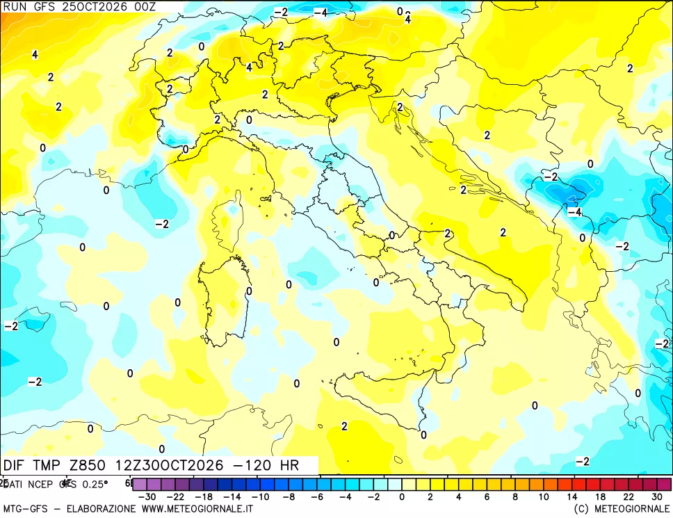 mappa Dif. Temp a 850 hPa Valid - Init