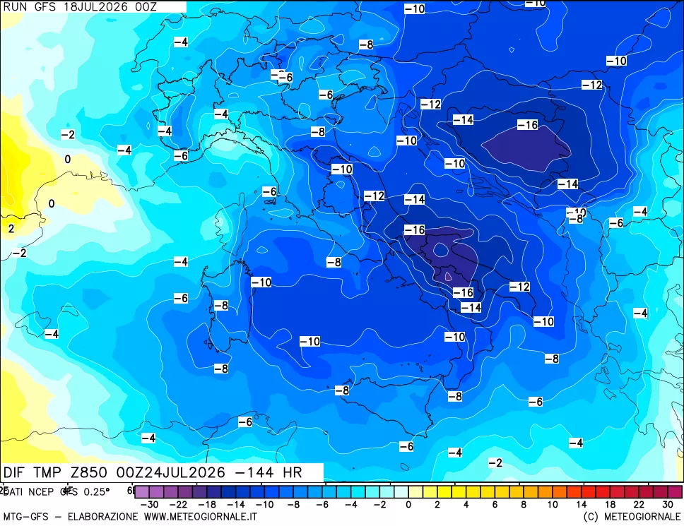 mappa Dif. Temp a 850 hPa Valid - Init