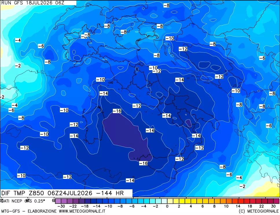 mappa Dif. Temp a 850 hPa Valid - Init