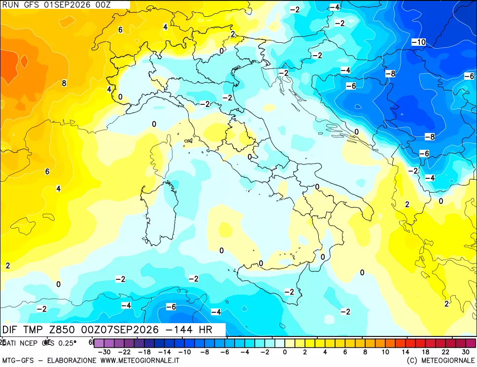mappa Dif. Temp a 850 hPa Valid - Init