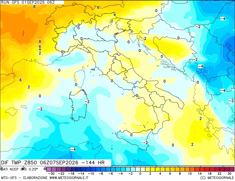 mappa Dif. Temp a 850 hPa Valid - Init