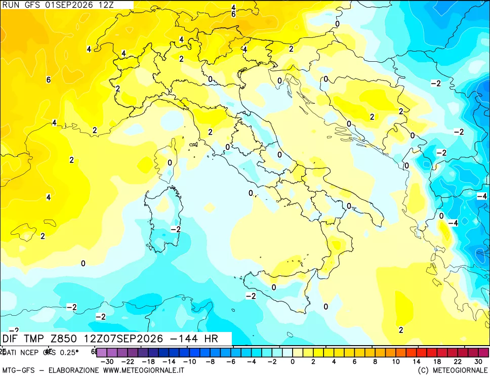 mappa Dif. Temp a 850 hPa Valid - Init