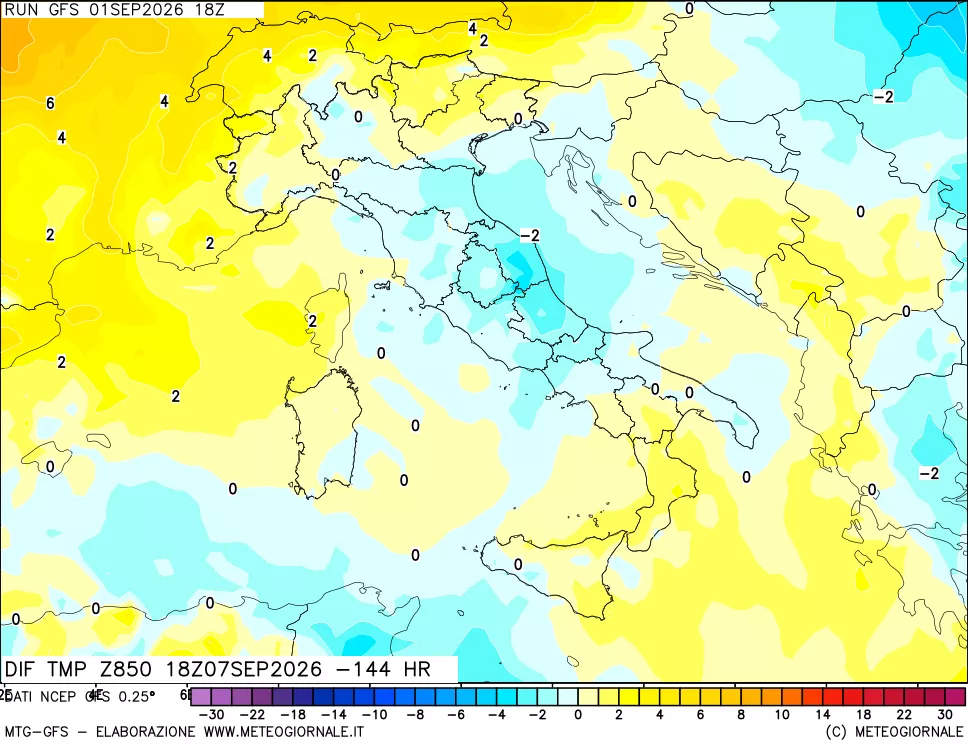 mappa Dif. Temp a 850 hPa Valid - Init