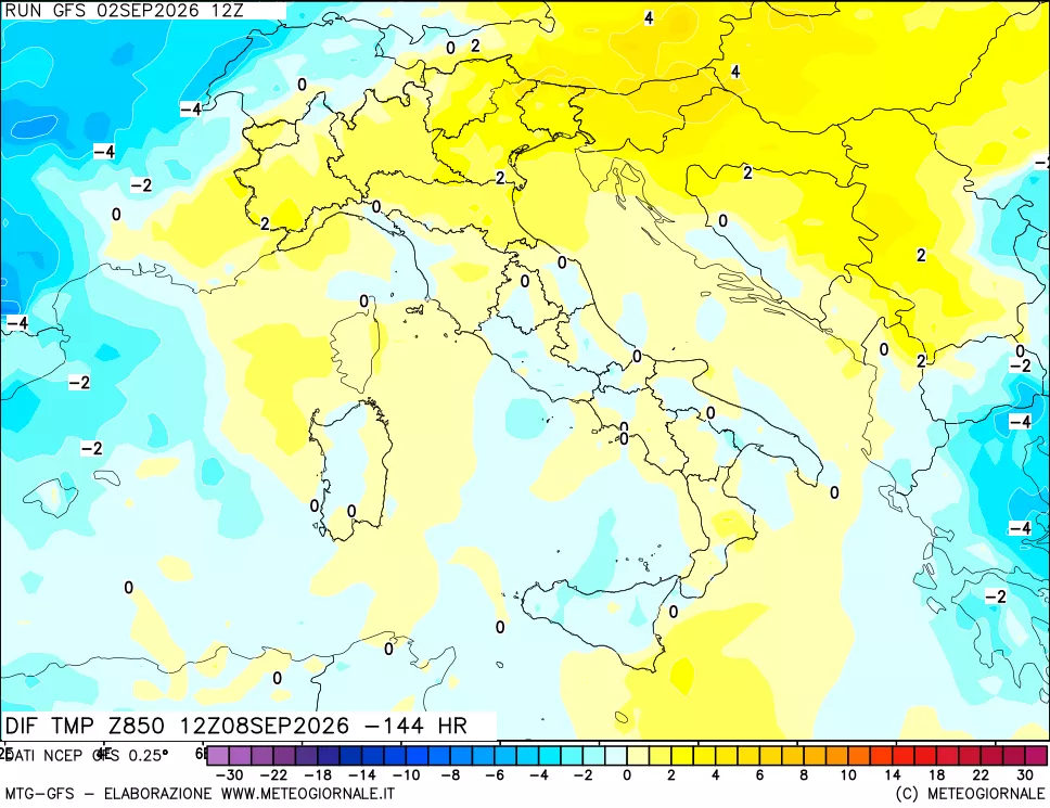 mappa Dif. Temp a 850 hPa Valid - Init