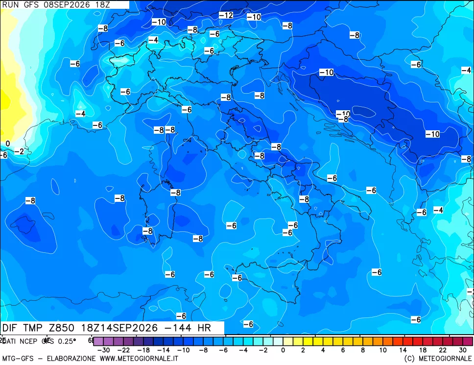 mappa Dif. Temp a 850 hPa Valid - Init