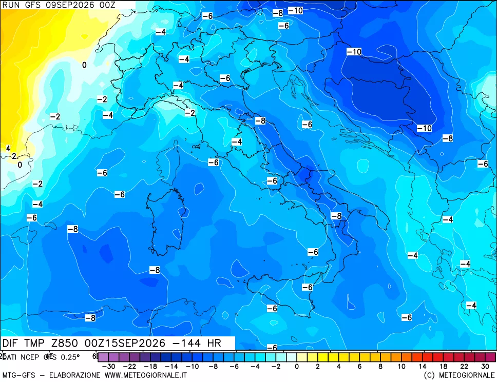 mappa Dif. Temp a 850 hPa Valid - Init