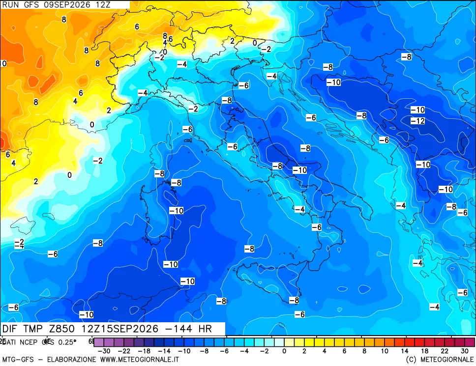 mappa Dif. Temp a 850 hPa Valid - Init