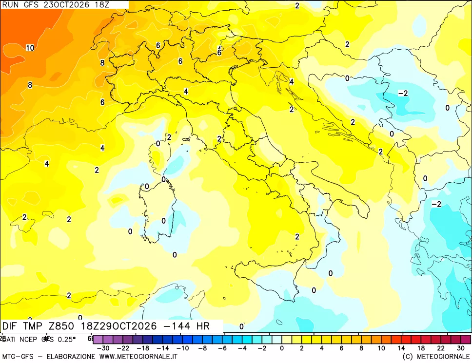 mappa Dif. Temp a 850 hPa Valid - Init