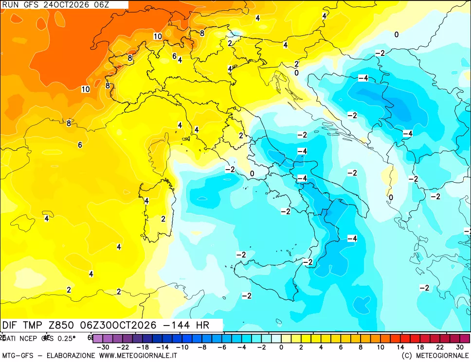 mappa Dif. Temp a 850 hPa Valid - Init