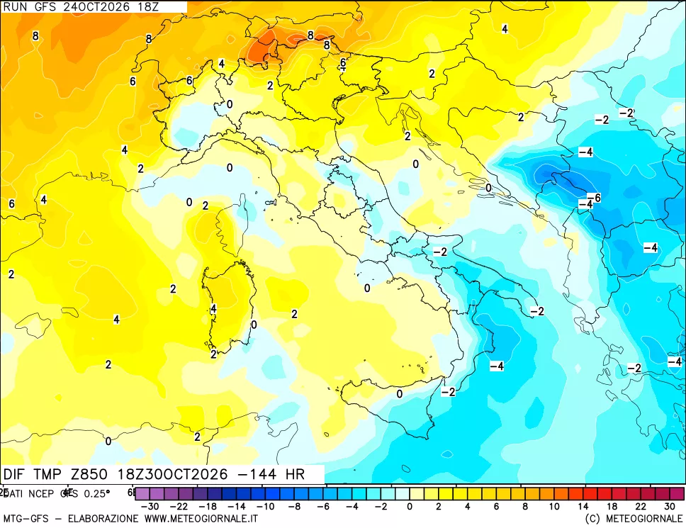 mappa Dif. Temp a 850 hPa Valid - Init