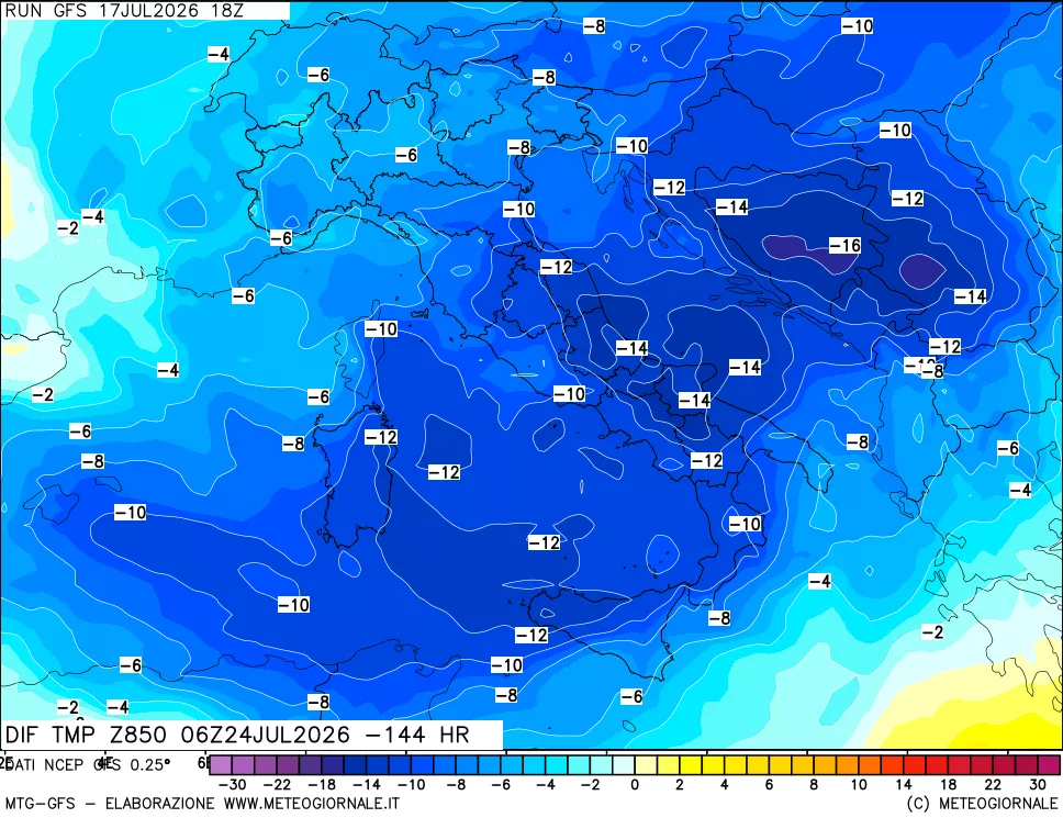 mappa Dif. Temp a 850 hPa Valid - Init