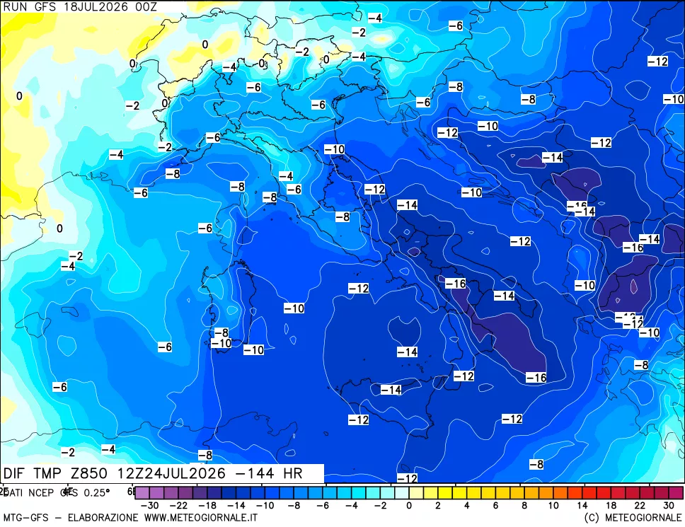 mappa Dif. Temp a 850 hPa Valid - Init